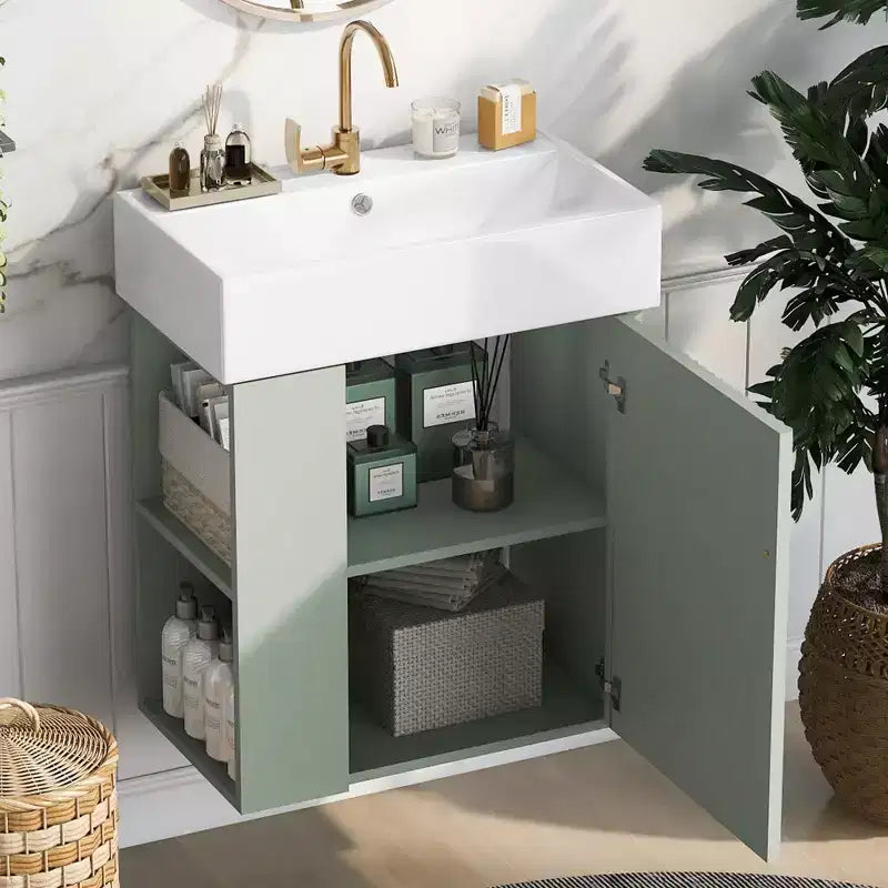 Meuble de rangement de salle de bain 21,6 po, Meuble-lavabo de salle de bain avec étagères latérales gauches, Meuble de rangement au sol avec lavabo en céramique