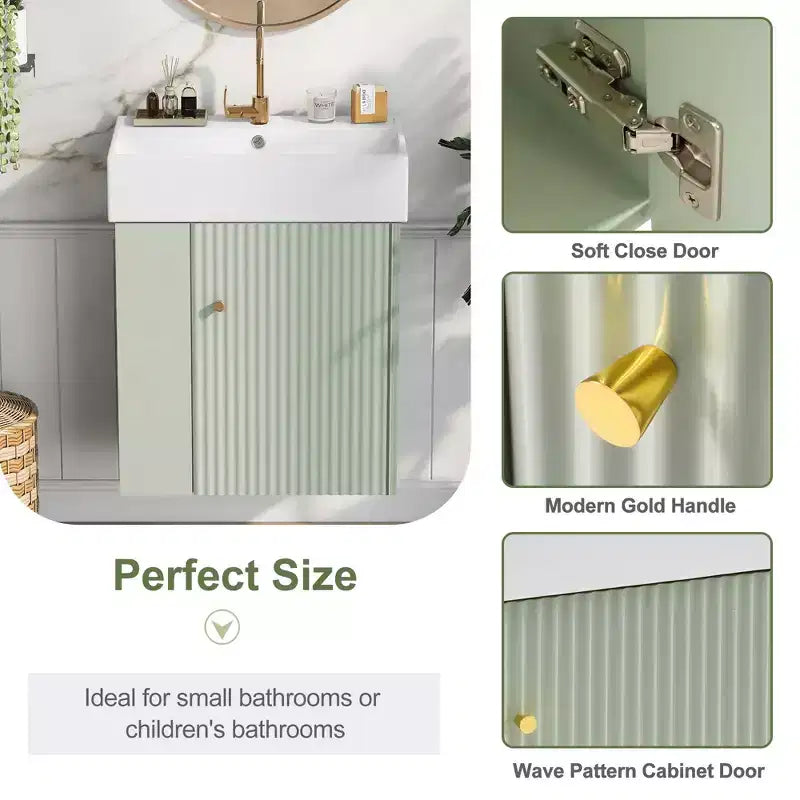 Meuble de rangement de salle de bain 21,6 po, Meuble-lavabo de salle de bain avec étagères latérales gauches, Meuble de rangement au sol avec lavabo en céramique