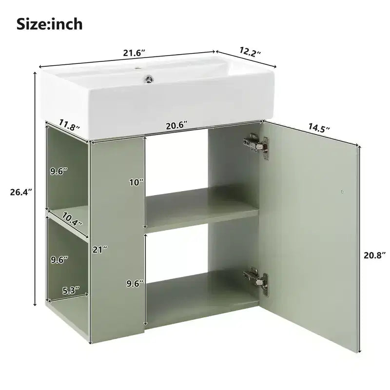 Meuble de rangement de salle de bain 21,6 po, Meuble-lavabo de salle de bain avec étagères latérales gauches, Meuble de rangement au sol avec lavabo en céramique