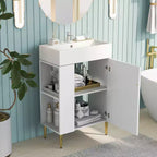 Meuble de rangement de salle de bain 21,6 po, Meuble-lavabo de salle de bain avec étagères latérales gauches, Meuble de rangement au sol avec lavabo en céramique