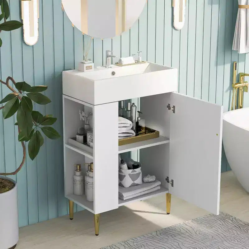 Meuble de rangement de salle de bain 21,6 po, Meuble-lavabo de salle de bain avec étagères latérales gauches, Meuble de rangement au sol avec lavabo en céramique