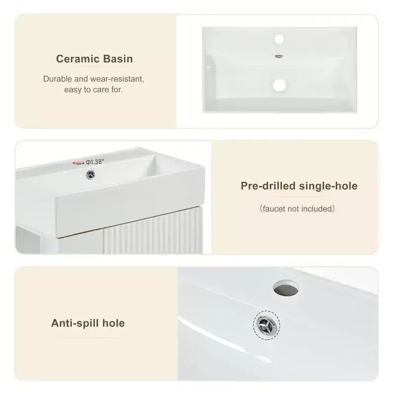 Meuble de rangement de salle de bain 21,6 po, Meuble-lavabo de salle de bain avec étagères latérales gauches, Meuble de rangement au sol avec lavabo en céramique