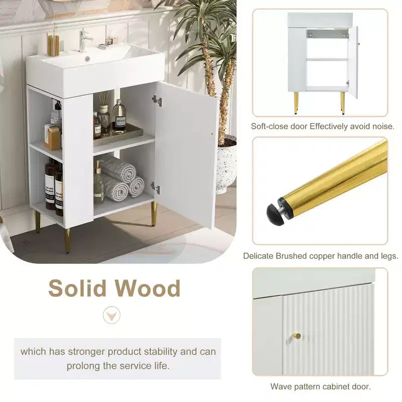 Meuble de rangement de salle de bain 21,6 po, Meuble-lavabo de salle de bain avec étagères latérales gauches, Meuble de rangement au sol avec lavabo en céramique