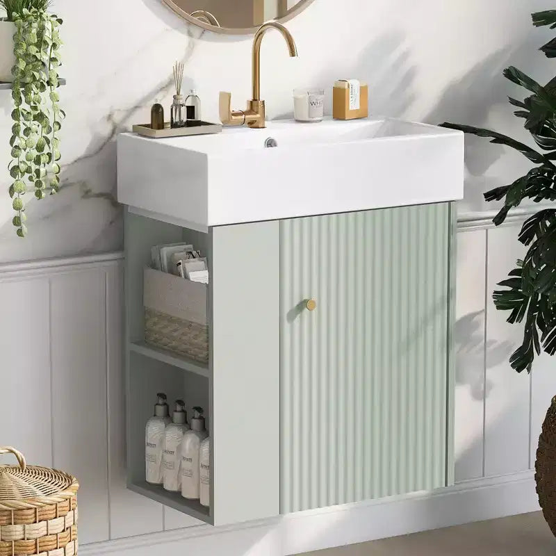 Meuble de rangement de salle de bain 21,6 po, Meuble-lavabo de salle de bain avec étagères latérales gauches, Meuble de rangement au sol avec lavabo en céramique