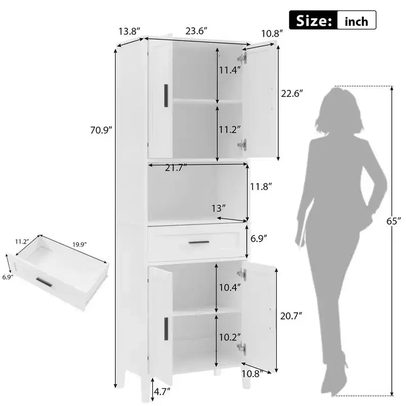Meuble de rangement de salle de bain avec 2 portes, 1 tiroir et étagères réglables, Armoire de rangement haute autoportante pour salle de bain