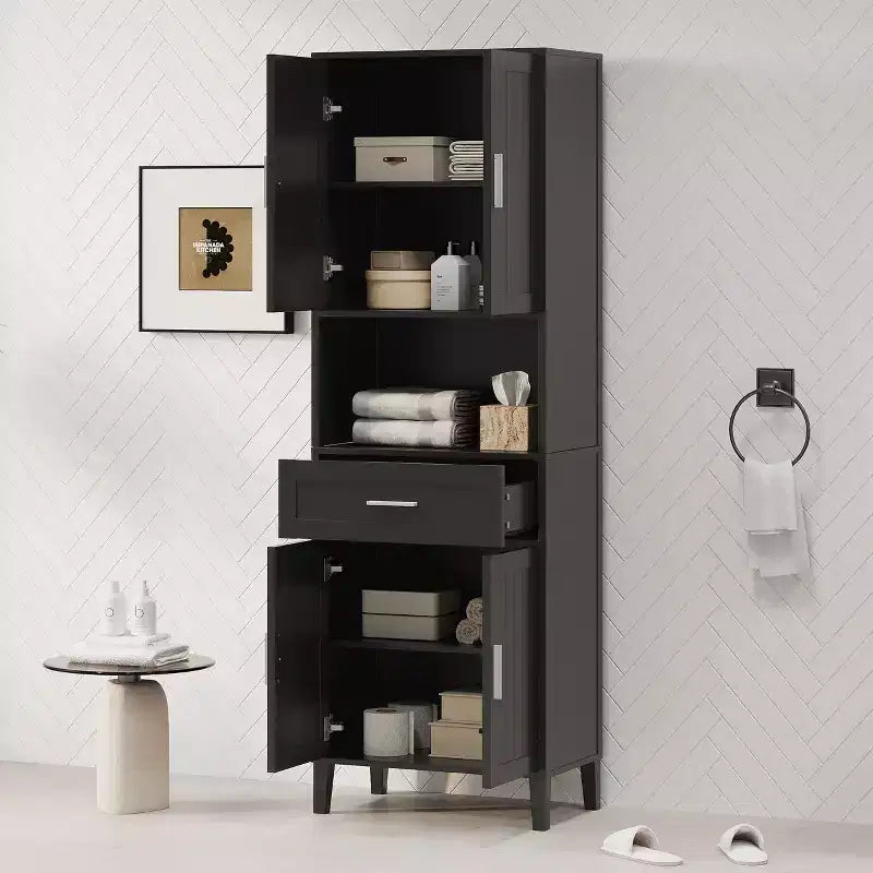 Meuble de rangement de salle de bain avec 2 portes, 1 tiroir et étagères réglables, Armoire de rangement haute autoportante pour salle de bain