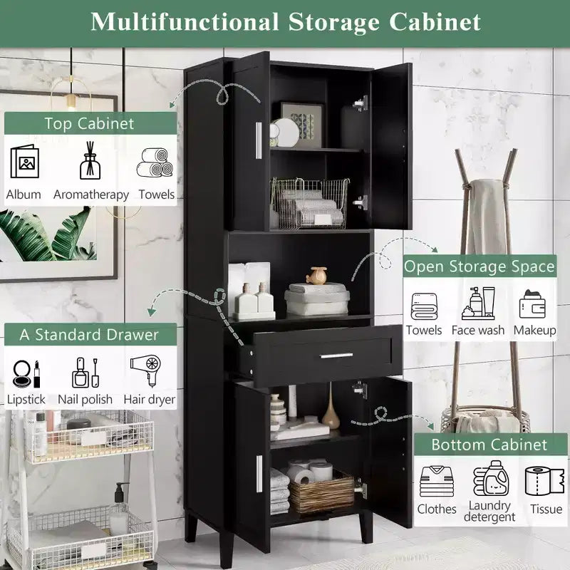 Meuble de rangement de salle de bain avec 2 portes, 1 tiroir et étagères réglables, Armoire de rangement haute autoportante pour salle de bain