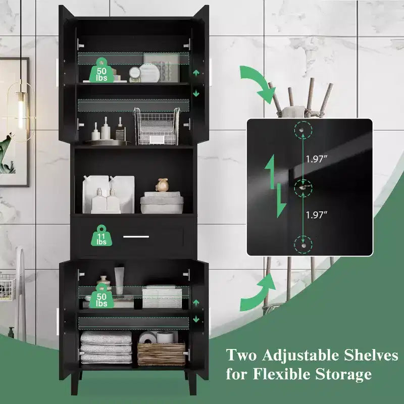 Meuble de rangement de salle de bain avec 2 portes, 1 tiroir et étagères réglables, Armoire de rangement haute autoportante pour salle de bain