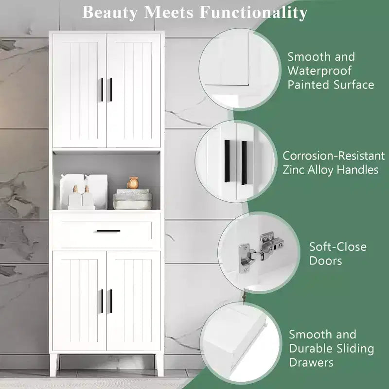 Meuble de rangement de salle de bain avec 2 portes, 1 tiroir et étagères réglables, Armoire de rangement haute autoportante pour salle de bain