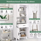 Meuble de rangement de salle de bain avec 2 portes, 1 tiroir et étagères réglables, Armoire de rangement haute autoportante pour salle de bain