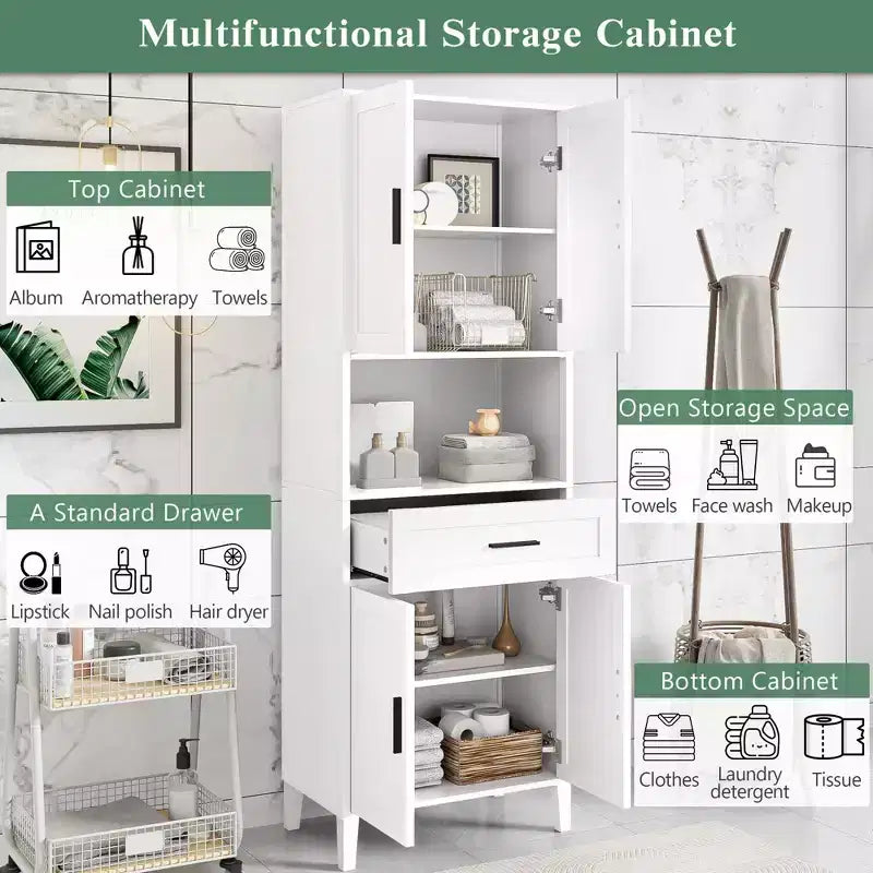 Meuble de rangement de salle de bain avec 2 portes, 1 tiroir et étagères réglables, Armoire de rangement haute autoportante pour salle de bain