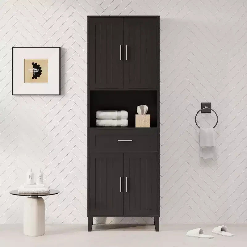 Meuble de rangement de salle de bain avec 2 portes, 1 tiroir et étagères réglables, Armoire de rangement haute autoportante pour salle de bain