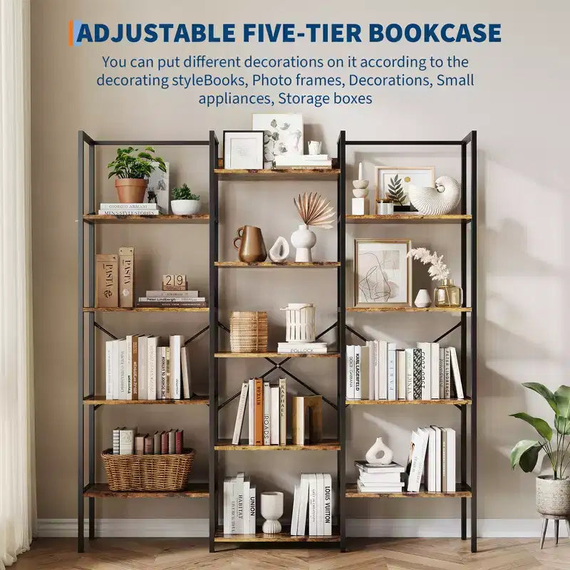 Bibliothèque à 5 niveaux, grande étagère avec 14 casiers ouverts, étagère à cadre métallique réglable, grande étagère pour salon et bureau à domicile