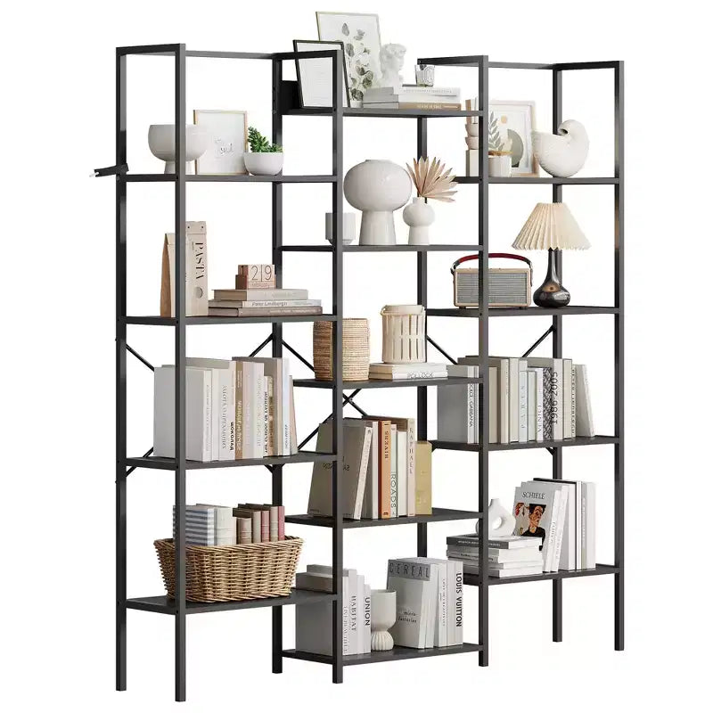 Bibliothèque à 5 niveaux, grande étagère avec 14 casiers ouverts, étagère à cadre métallique réglable, grande étagère pour salon et bureau à domicile