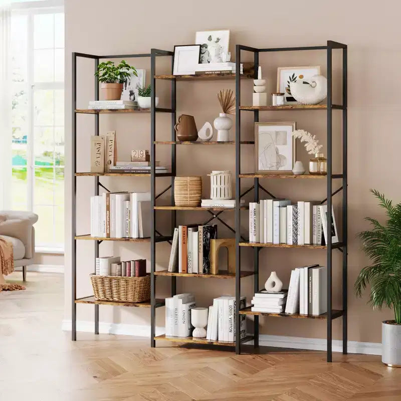 Bibliothèque à 5 niveaux, grande étagère avec 14 casiers ouverts, étagère à cadre métallique réglable, grande étagère pour salon et bureau à domicile
