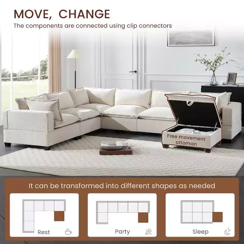 Canapé sectionnel modulaire en U surdimensionné à 7 places avec pouf de rangement