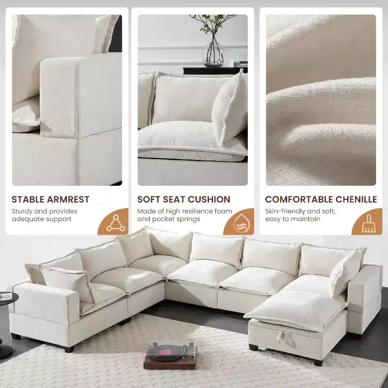 Canapé sectionnel modulaire en U surdimensionné à 7 places avec pouf de rangement