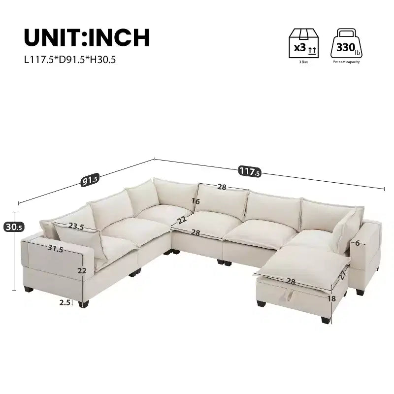 Canapé sectionnel modulaire en U surdimensionné à 7 places avec pouf de rangement