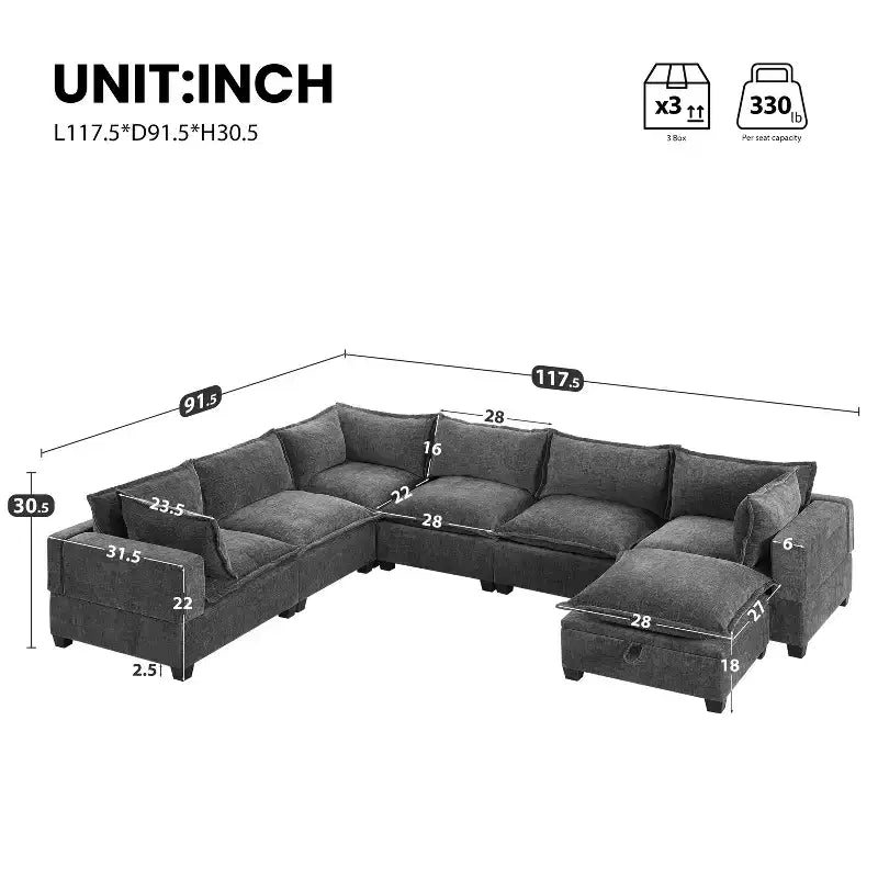 Canapé sectionnel modulaire en U surdimensionné à 7 places avec pouf de rangement