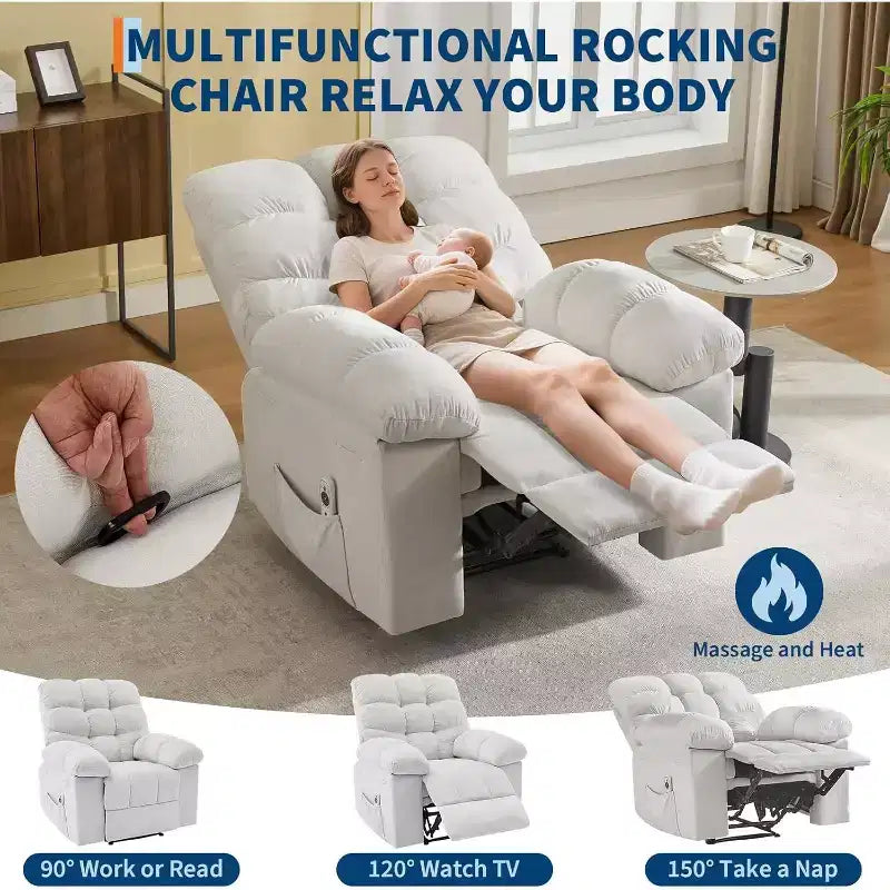 Fauteuil inclinable, large fauteuil à bascule, fauteuil d'appoint avec massage et chaleur, fauteuil inclinable ergonomique en tissu respirant surdimensionné avec chaleur