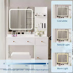 Coiffeuse avec miroir et lumières, tiroirs de rangement, étagères, placard et chaise, 3 modes d'éclairage et luminosité réglable, pour chambre à coucher, salon