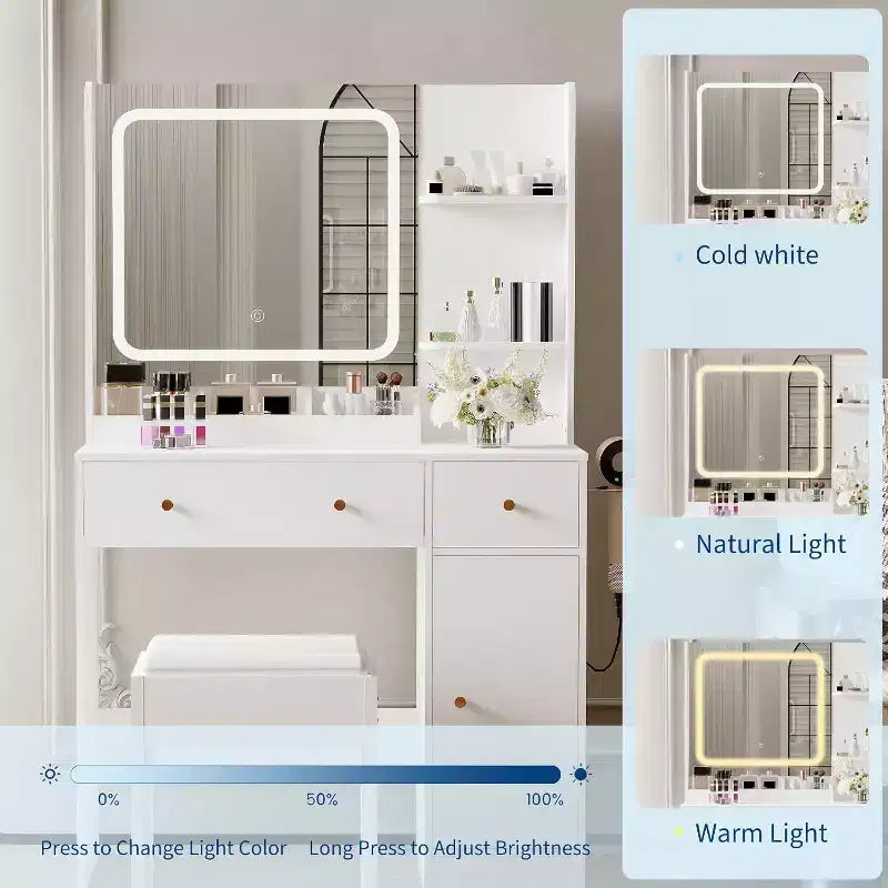 Coiffeuse avec miroir et lumières, tiroirs de rangement, étagères, placard et chaise, 3 modes d'éclairage et luminosité réglable, pour chambre à coucher, salon