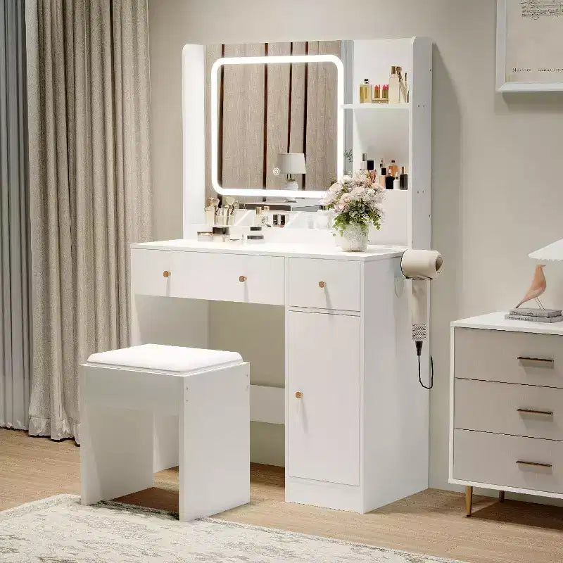Coiffeuse avec miroir et lumières, tiroirs de rangement, étagères, placard et chaise, 3 modes d'éclairage et luminosité réglable, pour chambre à coucher, salon