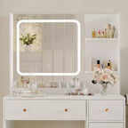 Coiffeuse avec miroir et lumières, tiroirs de rangement, étagères, placard et chaise, 3 modes d'éclairage et luminosité réglable, pour chambre à coucher, salon