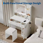 Coiffeuse avec miroir et lumières, tiroirs de rangement, étagères, placard et chaise, 3 modes d'éclairage et luminosité réglable, pour chambre à coucher, salon