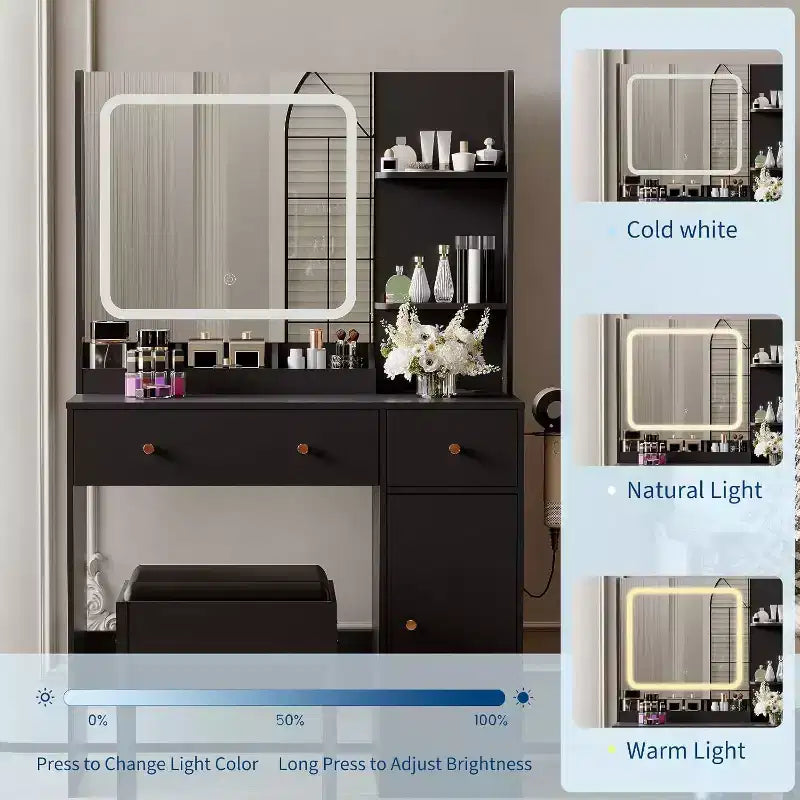 Coiffeuse avec miroir et lumières, tiroirs de rangement, étagères, placard et chaise, 3 modes d'éclairage et luminosité réglable, pour chambre à coucher, salon