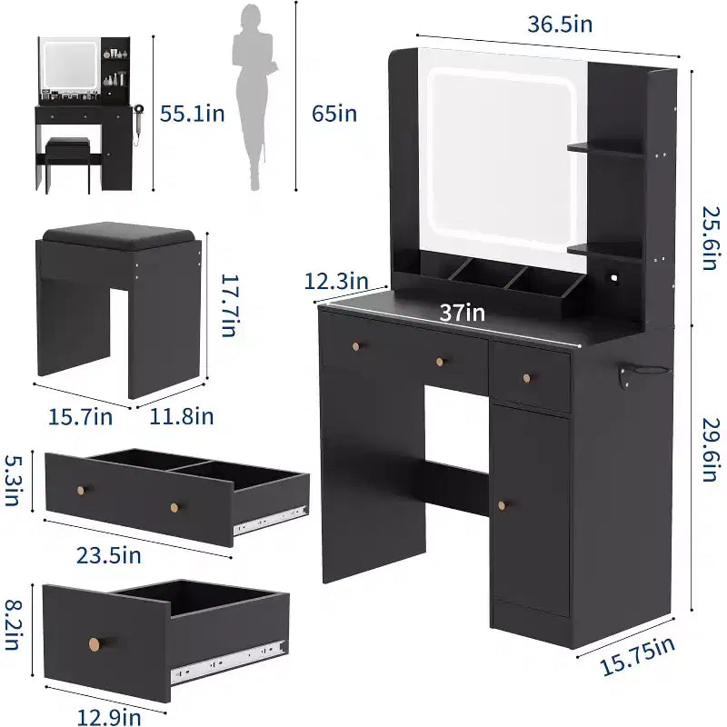Coiffeuse avec miroir et lumières, tiroirs de rangement, étagères, placard et chaise, 3 modes d'éclairage et luminosité réglable, pour chambre à coucher, salon