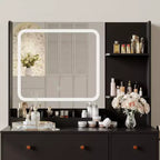 Coiffeuse avec miroir et lumières, tiroirs de rangement, étagères, placard et chaise, 3 modes d'éclairage et luminosité réglable, pour chambre à coucher, salon