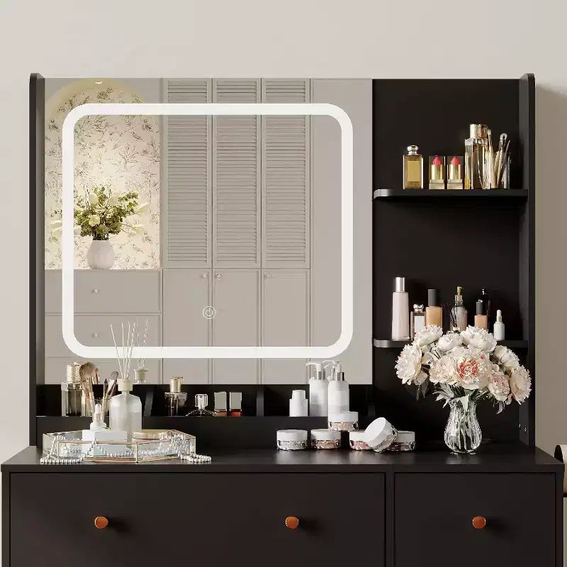 Coiffeuse avec miroir et lumières, tiroirs de rangement, étagères, placard et chaise, 3 modes d'éclairage et luminosité réglable, pour chambre à coucher, salon