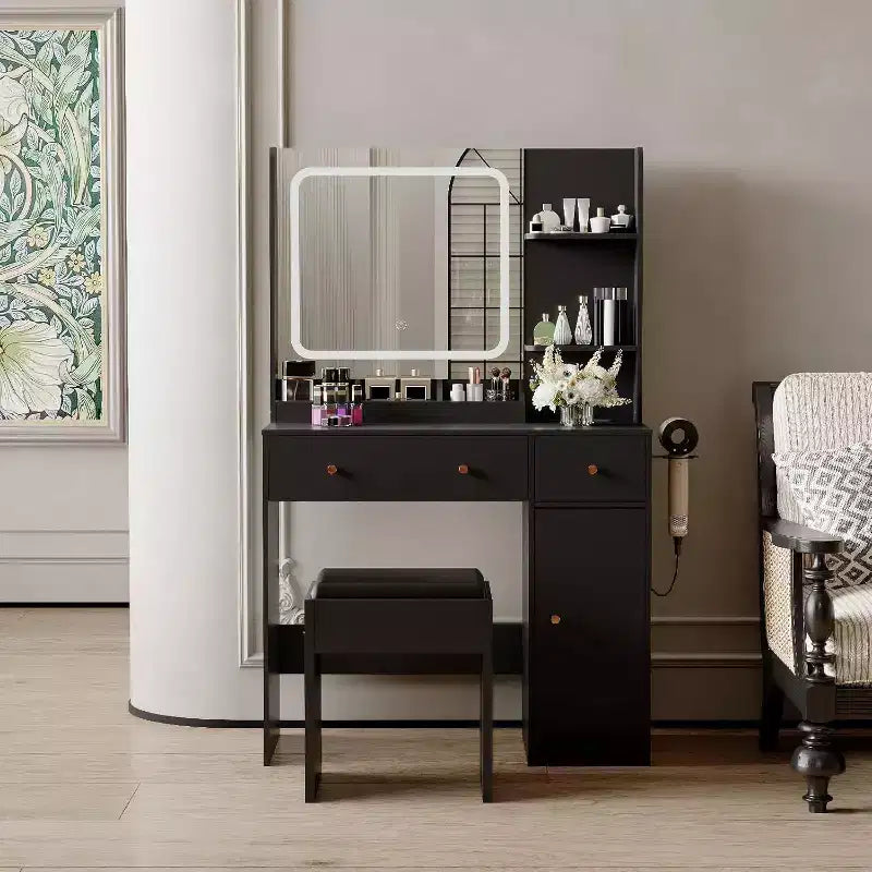 Coiffeuse avec miroir et lumières, tiroirs de rangement, étagères, placard et chaise, 3 modes d'éclairage et luminosité réglable, pour chambre à coucher, salon