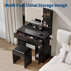 Coiffeuse avec miroir et lumières, tiroirs de rangement, étagères, placard et chaise, 3 modes d'éclairage et luminosité réglable, pour chambre à coucher, salon