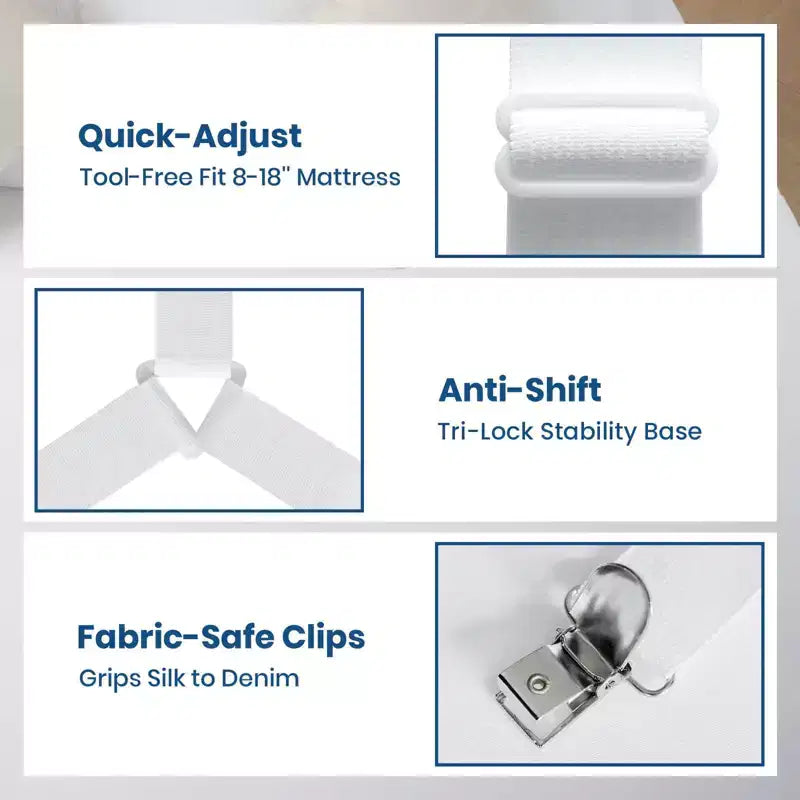 Attaches de draps de lit 4 pièces - Sangles de maintien de matelas, bandes élastiques d'angle avec pinces, conviennent aux draps jumeaux/queen/king