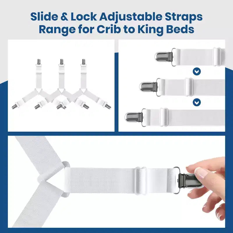 Attaches de draps de lit 4 pièces - Sangles de maintien de matelas, bandes élastiques d'angle avec pinces, conviennent aux draps jumeaux/queen/king