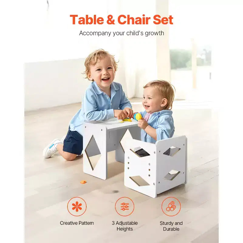 Table et chaise de sevrage Montessori, table et chaise en bois pour tout-petits de 1 à 5 ans, chaise et table d'activités pour enfants à hauteur réglable, blanc