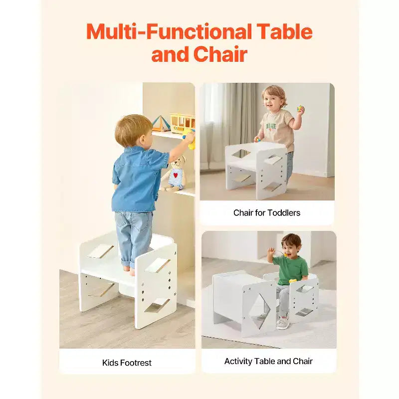 Table et chaise de sevrage Montessori, table et chaise en bois pour tout-petits de 1 à 5 ans, chaise et table d'activités pour enfants à hauteur réglable, blanc