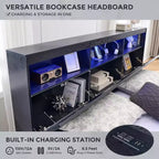 Cadre de lit King Size avec tête de lit, Cadre de lit plateforme moderne en bois avec lumières et station de charge et tiroirs, Aucun sommier tapissier requis