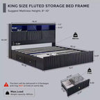 Cadre de lit King Size avec tête de lit, Cadre de lit plateforme moderne en bois avec lumières et station de charge et tiroirs, Aucun sommier tapissier requis