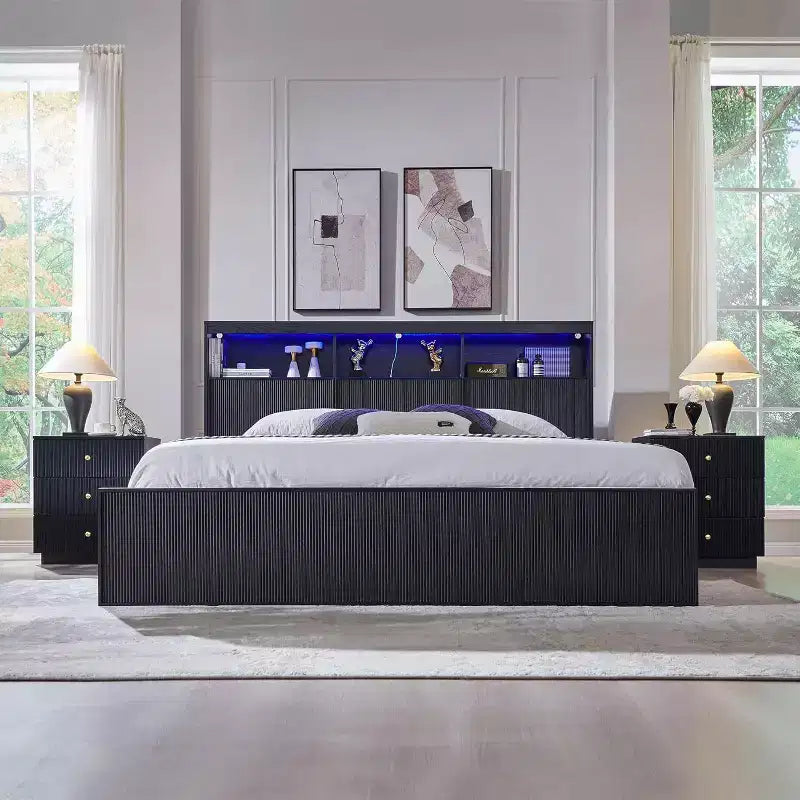 Cadre de lit King Size avec tête de lit, Cadre de lit plateforme moderne en bois avec lumières et station de charge et tiroirs, Aucun sommier tapissier requis
