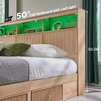 Cadre de lit King Size avec tête de lit, Cadre de lit plateforme moderne en bois avec lumières et station de charge et tiroirs, Aucun sommier tapissier requis