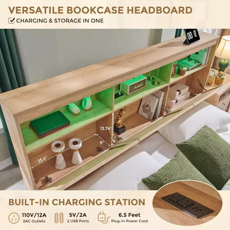 Cadre de lit King Size avec tête de lit, Cadre de lit plateforme moderne en bois avec lumières et station de charge et tiroirs, Aucun sommier tapissier requis