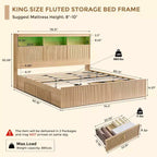Cadre de lit King Size avec tête de lit, Cadre de lit plateforme moderne en bois avec lumières et station de charge et tiroirs, Aucun sommier tapissier requis