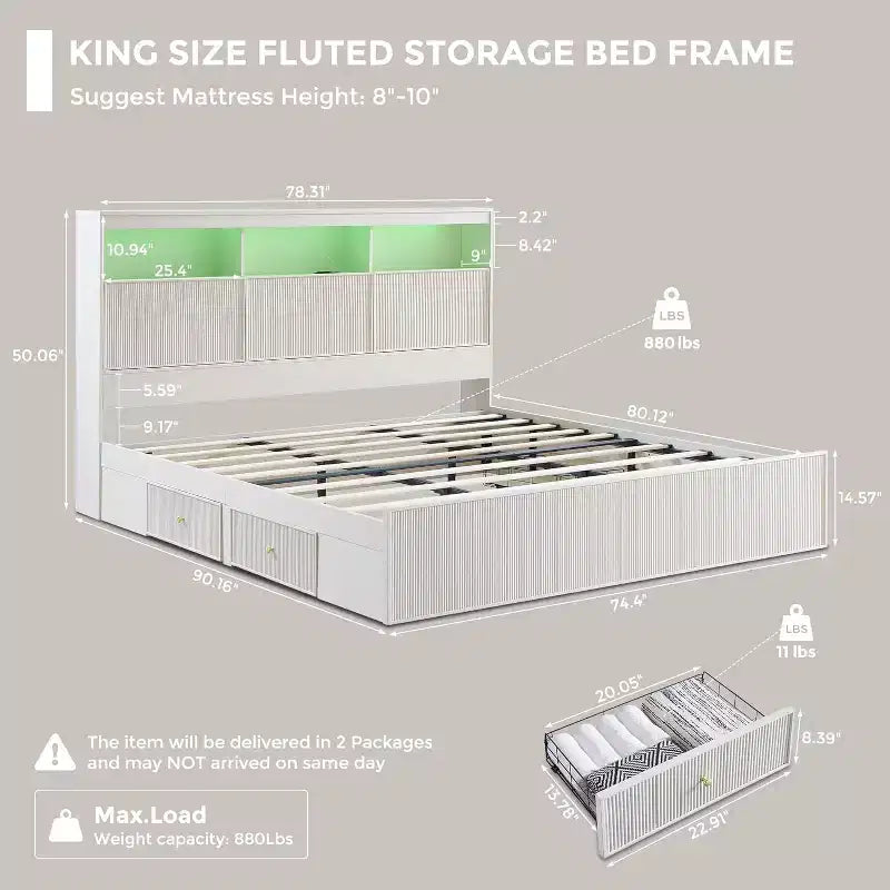 Cadre de lit King Size avec tête de lit, Cadre de lit plateforme moderne en bois avec lumières et station de charge et tiroirs, Aucun sommier tapissier requis