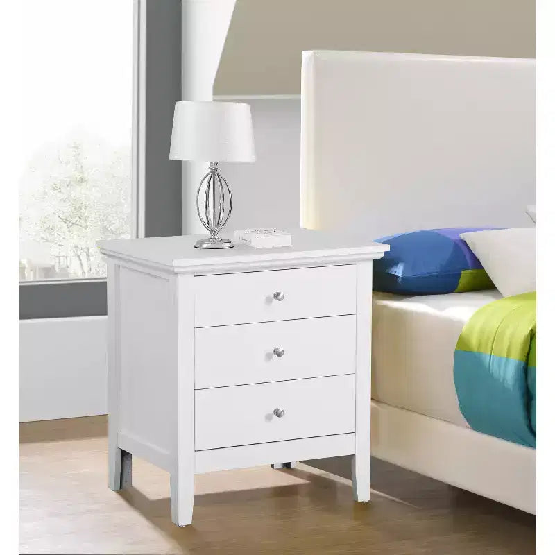 HomeStock White Nightstand 26x24x18 with Three Spacious Drawers, Compact Bedside Table for Bedroom Storage and Bright Stylish Accent