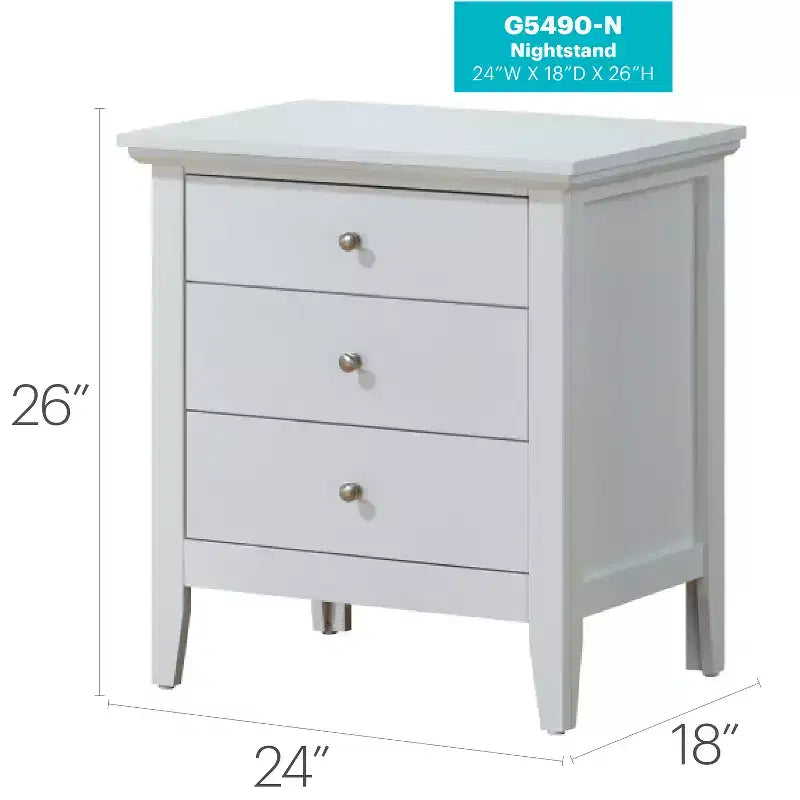 Table de chevet blanche 26x24x18 avec trois tiroirs spacieux, table de nuit compacte pour le rangement de la chambre et accent lumineux et élégant
