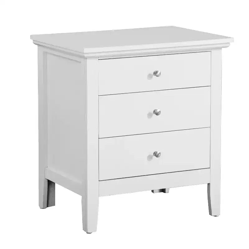 Table de chevet blanche 26x24x18 avec trois tiroirs spacieux, table de nuit compacte pour le rangement de la chambre et accent lumineux et élégant