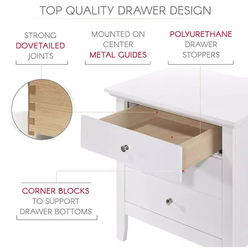Table de chevet blanche 26x24x18 avec trois tiroirs spacieux, table de nuit compacte pour le rangement de la chambre et accent lumineux et élégant
